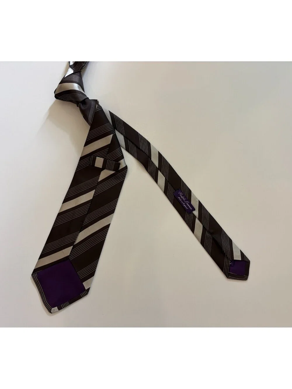 Ralph Lauren Purple Label Silk Necktie Brown Silver Striped England Hand Made